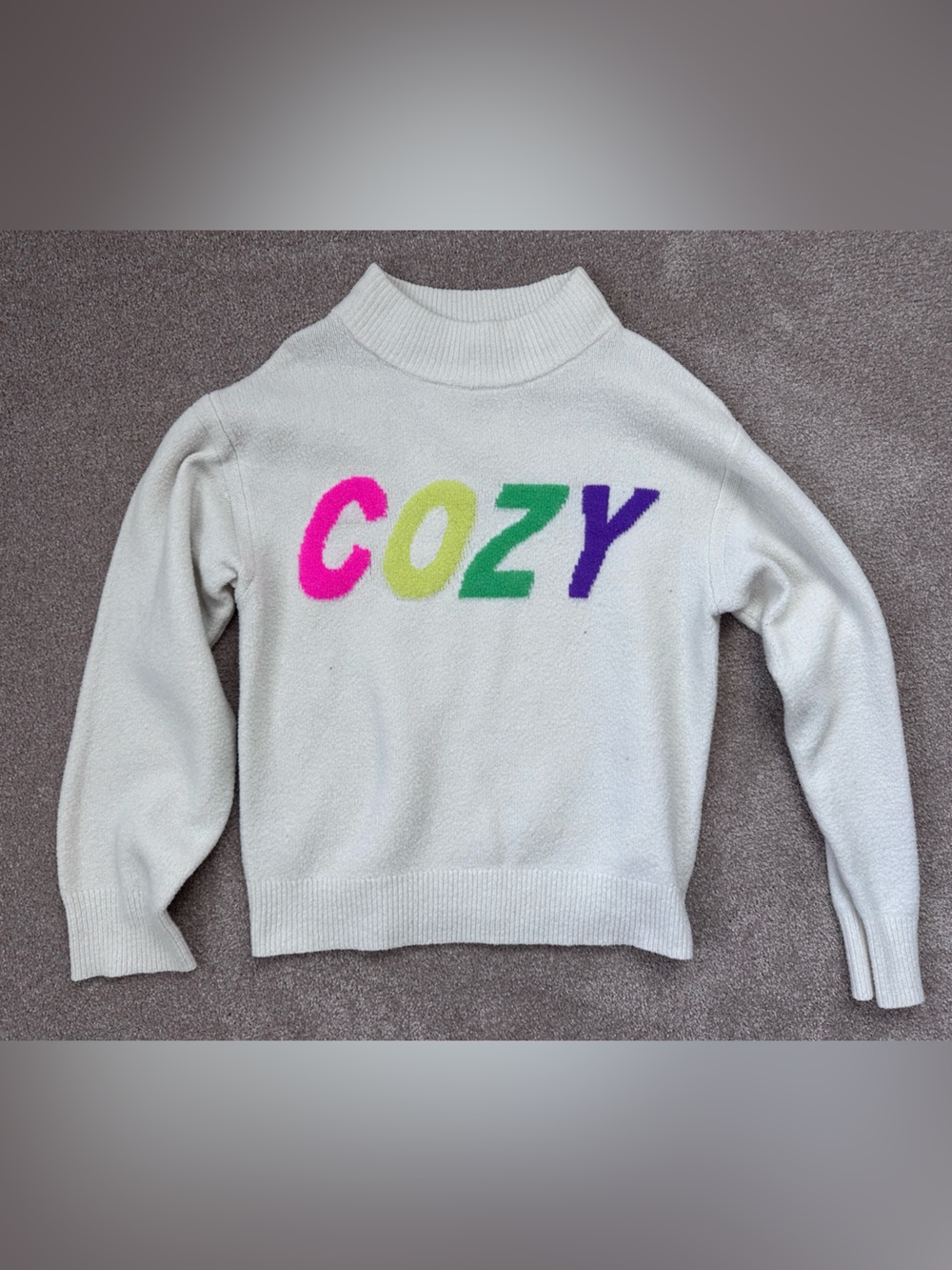 A New Day Cream COZY Graphic Mock Neck Sweater Colorful Letters